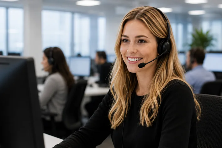 Professional customer support specialist wearing a headset